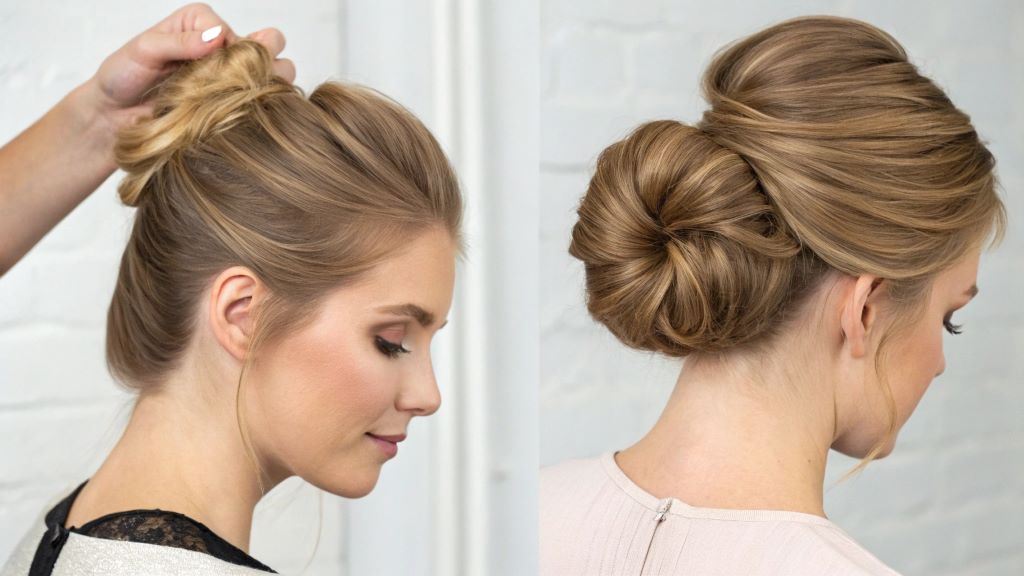 Halo hack tutorial for creating a fuller chignon hairstyle quickly and easily using a fake bun.