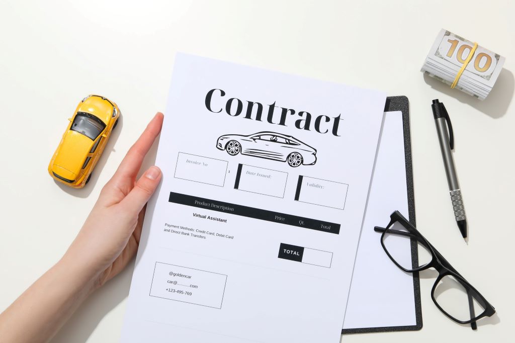 Guide concept showing a car with a calendar and contract, symbolizing getting out of a car lease early