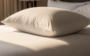Luxurious white goose down pillow fluffed on hotel-style bed with soft morning light