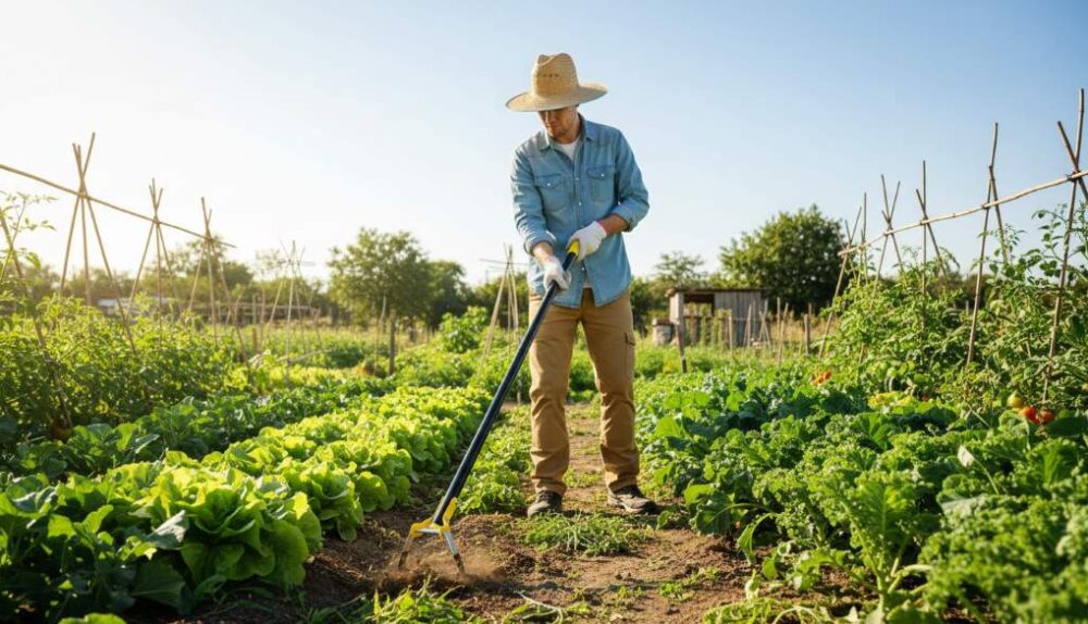 Gardener standing upright using a sharp scuffle stirrup hoe to weed between vegetable rows on a sunny day
