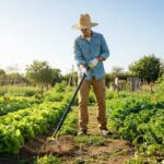 Gardener standing upright using a sharp scuffle stirrup hoe to weed between vegetable rows on a sunny day