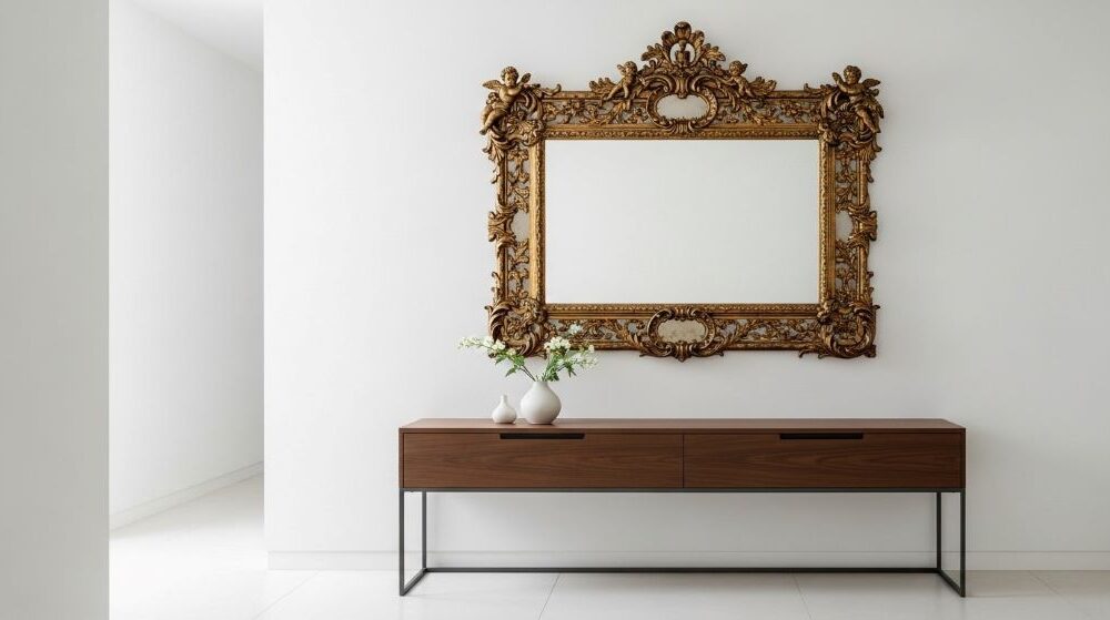 Ornate baroque mirror with gold frame hanging above sleek contemporary console table in minimalist white room