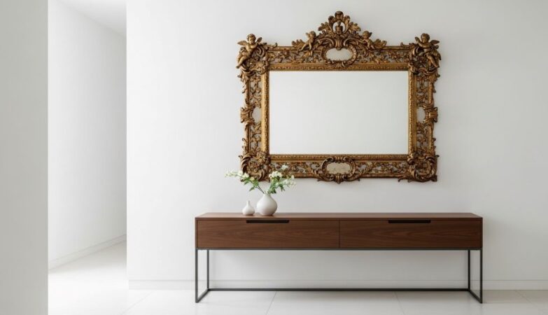 Ornate baroque mirror with gold frame hanging above sleek contemporary console table in minimalist white room