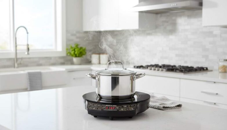 Nuwave Gold Induction Cooktop in a modern kitchen setting with steaming pot