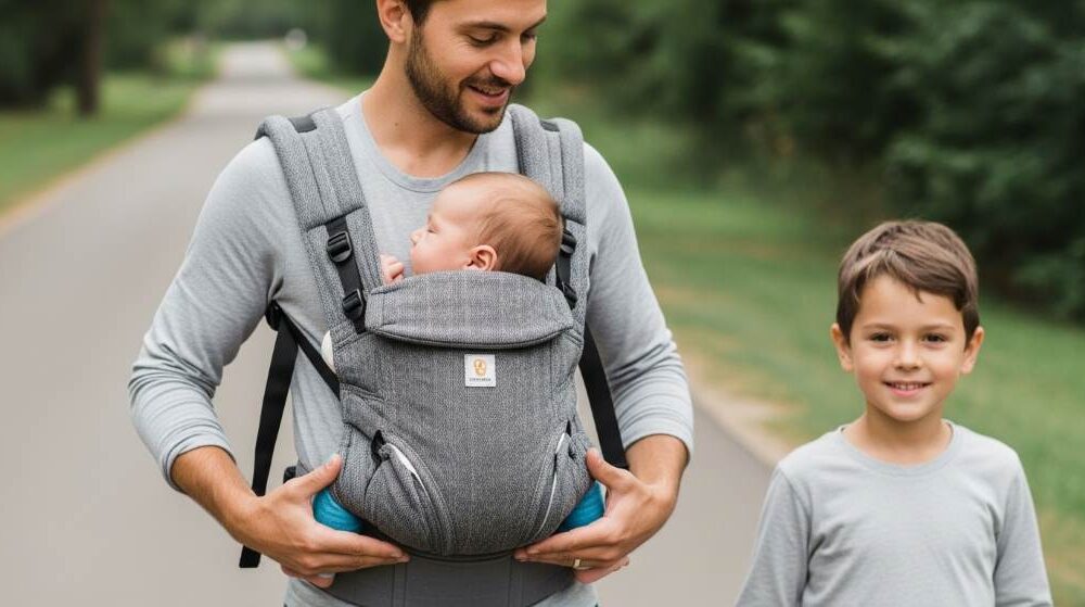 Parent demonstrating front inward carry with newborn in breathable 6-in-1 baby carrier during a family walk