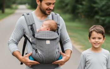 Parent demonstrating front inward carry with newborn in breathable 6-in-1 baby carrier during a family walk
