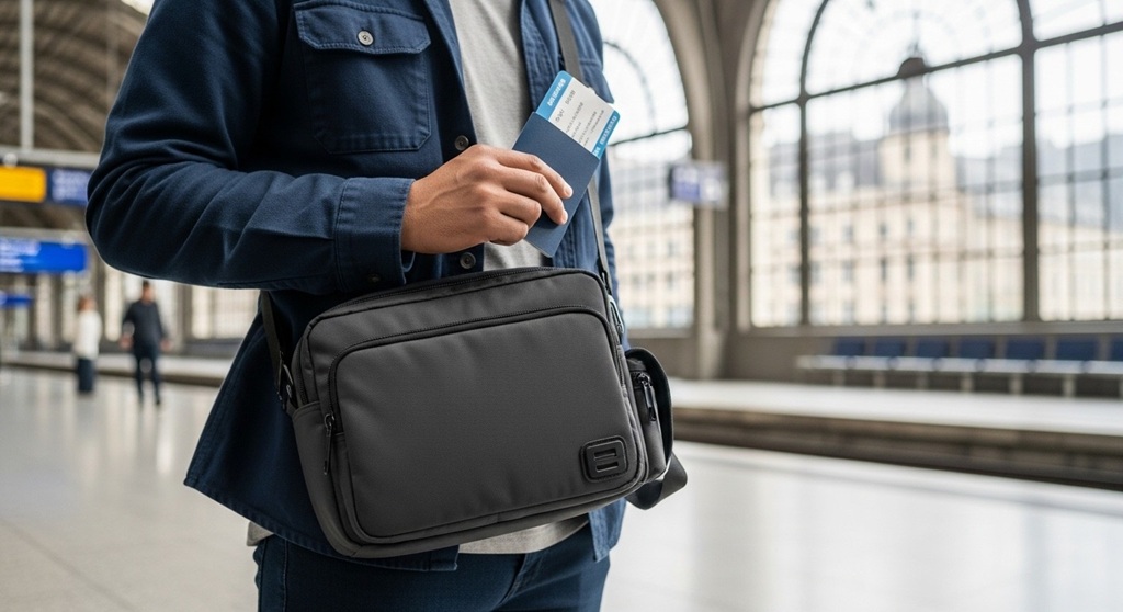 Organized crossbody bag showing passport and travel essentials