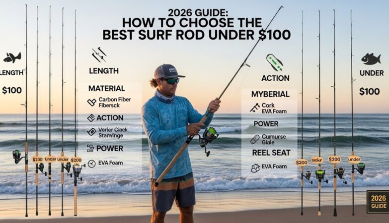 9 foot medium heavy surf rod setup on sandy beach