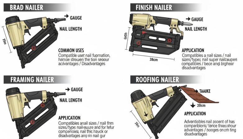 Different types of nail guns including framing nailer finish nailer and brad nailer