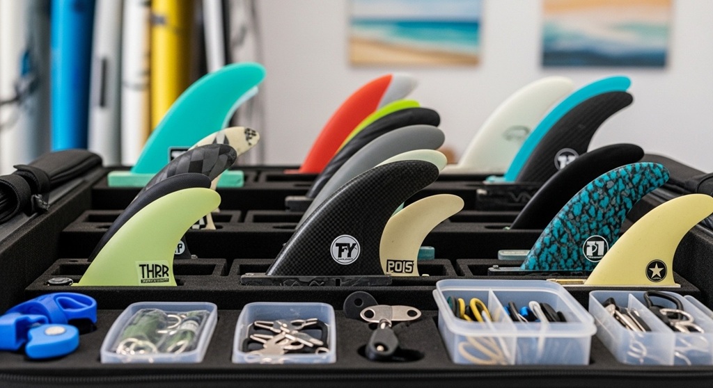 Surfboard fin accessories including screws and fin key organized in pouch