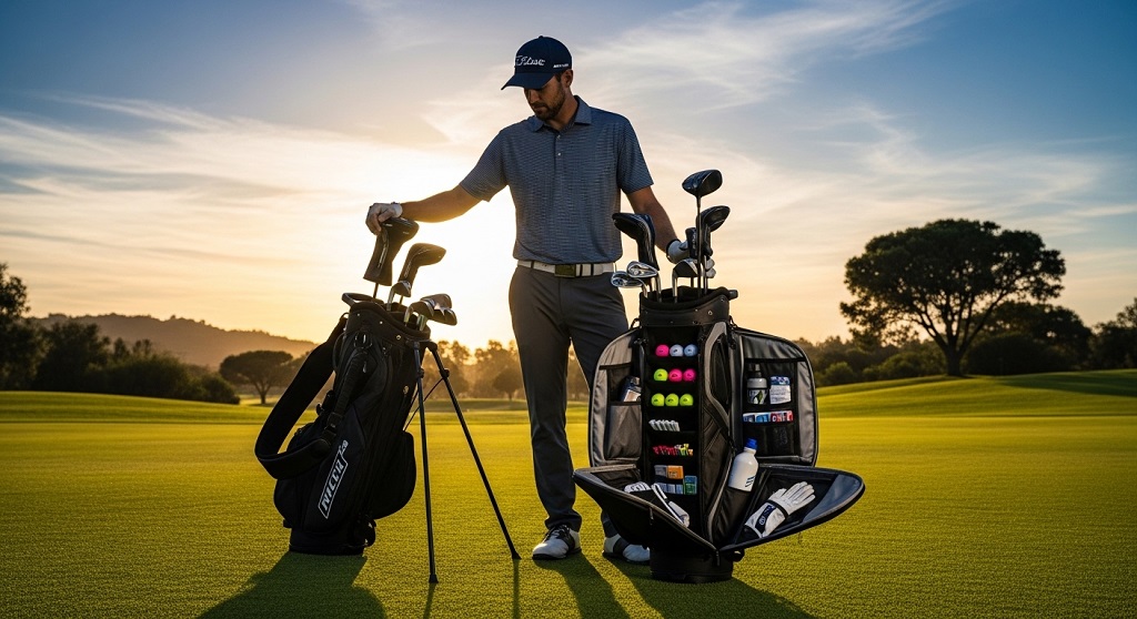 Organized golf bags for efficient storage at home