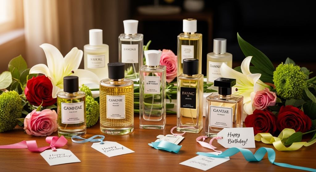 A collection of fragrance bottles displayed as birthday gift ideas with floral decoration