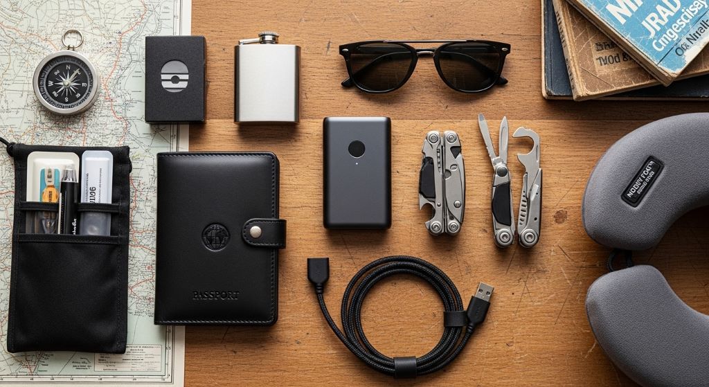 Flat lay of unique travel gifts for men including a passport wallet, portable charger, travel tools, and a compact travel pillow on a wooden surface