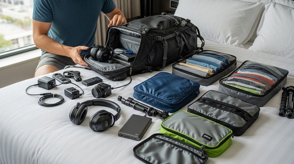 A male traveler packing a backpack with travel gadgets including a power bank, noise-canceling headphones, and packing cubes laid out on a bed