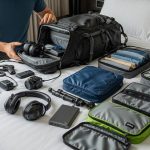 A male traveler packing a backpack with travel gadgets including a power bank, noise-canceling headphones, and packing cubes laid out on a bed