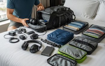 A male traveler packing a backpack with travel gadgets including a power bank, noise-canceling headphones, and packing cubes laid out on a bed