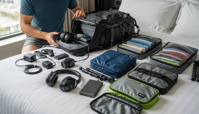 A male traveler packing a backpack with travel gadgets including a power bank, noise-canceling headphones, and packing cubes laid out on a bed
