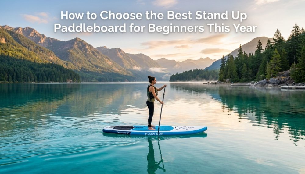 All-around paddleboard on a calm lake at sunrise with beginner guide title text.