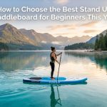 All-around paddleboard on a calm lake at sunrise with beginner guide title text.