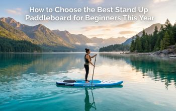 All-around paddleboard on a calm lake at sunrise with beginner guide title text.