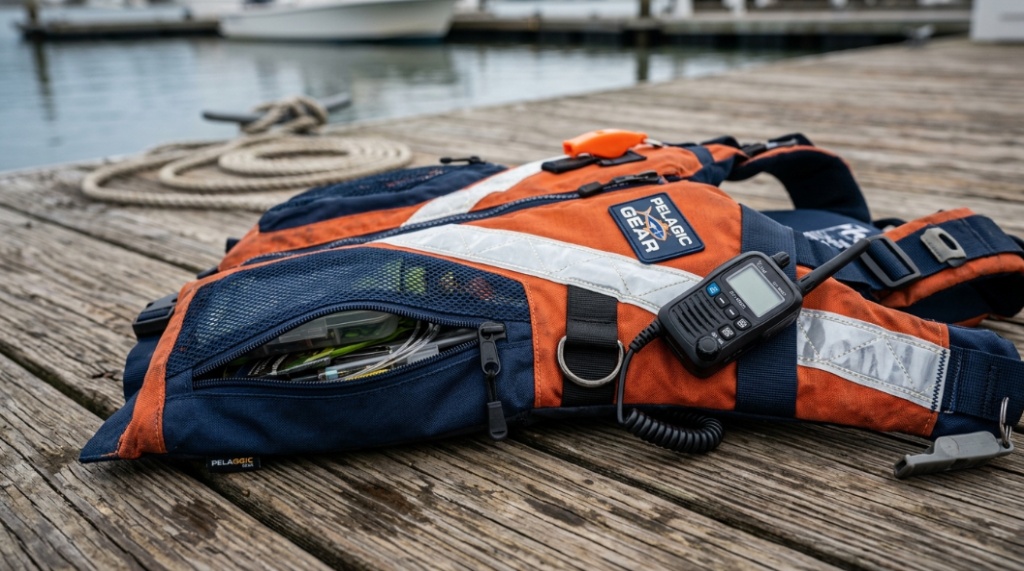 Angler wearing USCG approved fishing safety vest on kayak