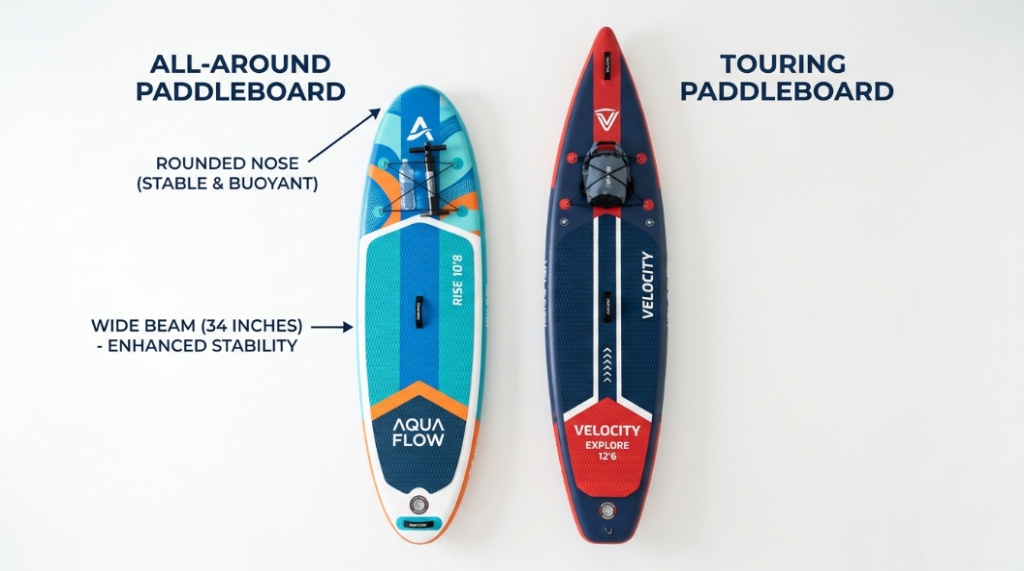 Side-by-side comparison of different paddleboard shapes showing wide vs narrow hulls.