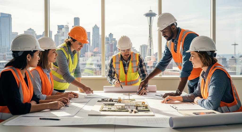 Engineering supervisors inspecting high-rise worksite safety systems