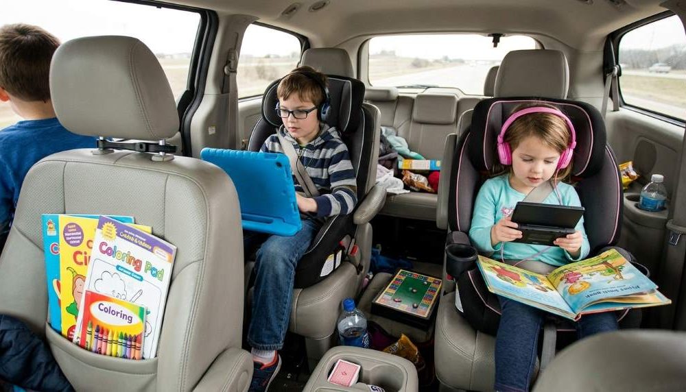 Family using tablet mount in car during Orlando road trip with kids watching movies comfortably