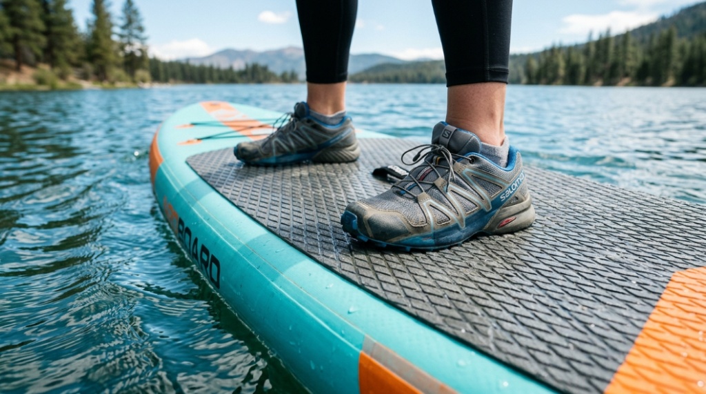 Close-up of a person standing on a stable paddleboard deck showing proper foot placement.