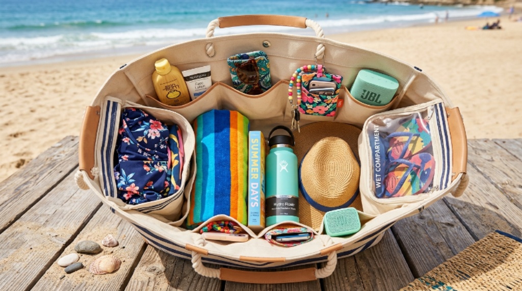 Overhead view of an oversized beach bag with organised interior pockets, wet compartment, and colourful summer accessories