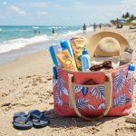 Large waterproof tote bag packed with towels, sunscreen, and beach essentials sitting on sandy shore near the water