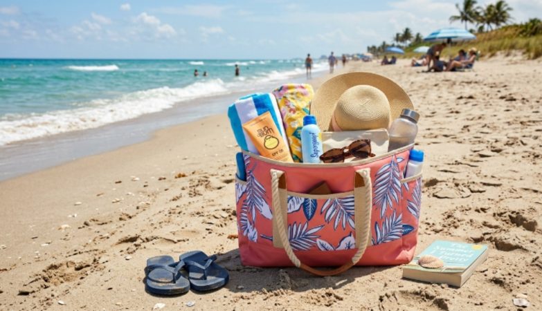 Large waterproof tote bag packed with towels, sunscreen, and beach essentials sitting on sandy shore near the water