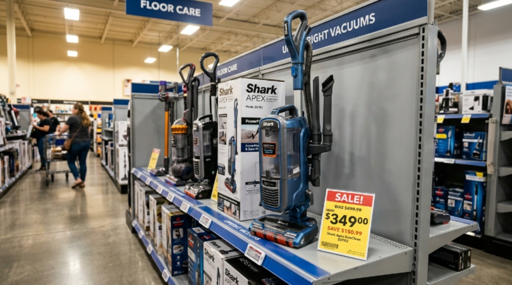 Shark vacuum cleaner displayed on a store shelf with a sale price tag showing a discount