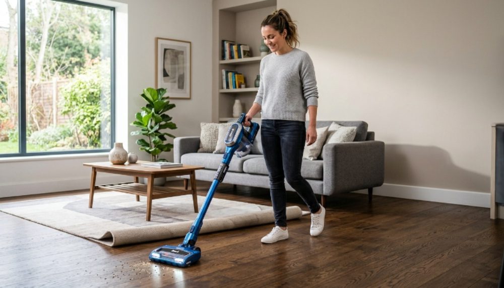 Person using a Shark cordless vacuum cleaner on a hardwood floor in a modern living room