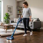 Person using a Shark cordless vacuum cleaner on a hardwood floor in a modern living room