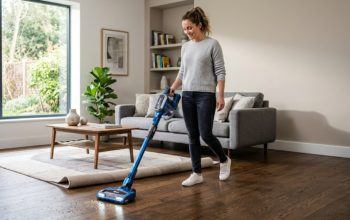 Person using a Shark cordless vacuum cleaner on a hardwood floor in a modern living room