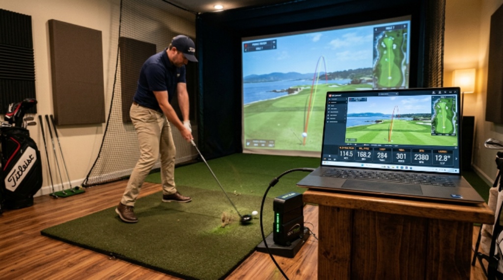 A laptop displaying golf simulator software connected to a launch monitor on a hitting mat indoors