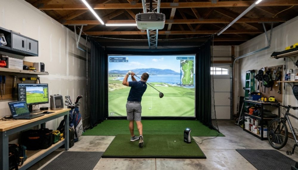 A home golf simulator setup in a garage with a large impact screen, projector, and hitting mat