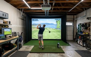A home golf simulator setup in a garage with a large impact screen, projector, and hitting mat