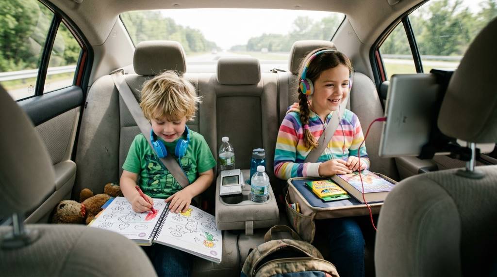Kids enjoying audiobooks and travel games in backseat during long Orlando traffic commute