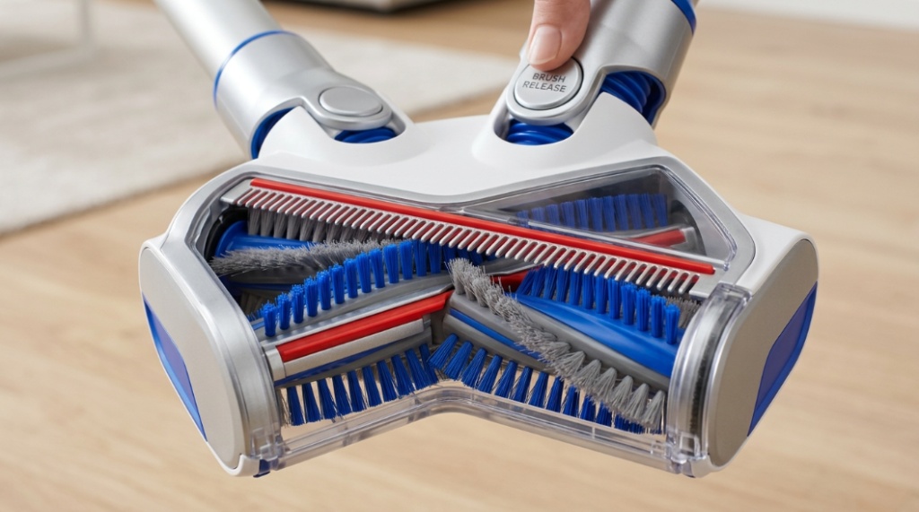 A clean anti-tangle vacuum brush roll showing specialized bristles designed to prevent hair clogs.