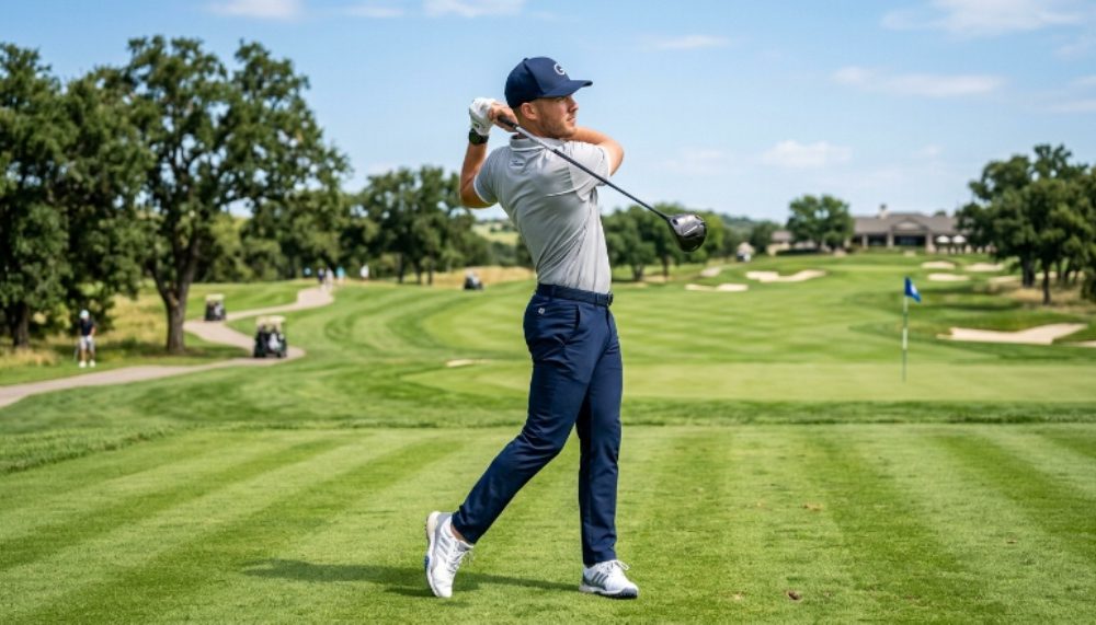 Modern golfer wearing trendy golf gear including a structured cap, leather glove, and spikeless shoes on a sunny fairway