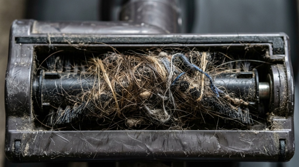 Close-up of a vacuum cleaner brush head heavily tangled with long human hair and debris.