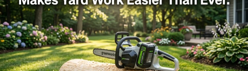 A modern cordless chainsaw resting on a log in a sunny backyard with article title text overlay.