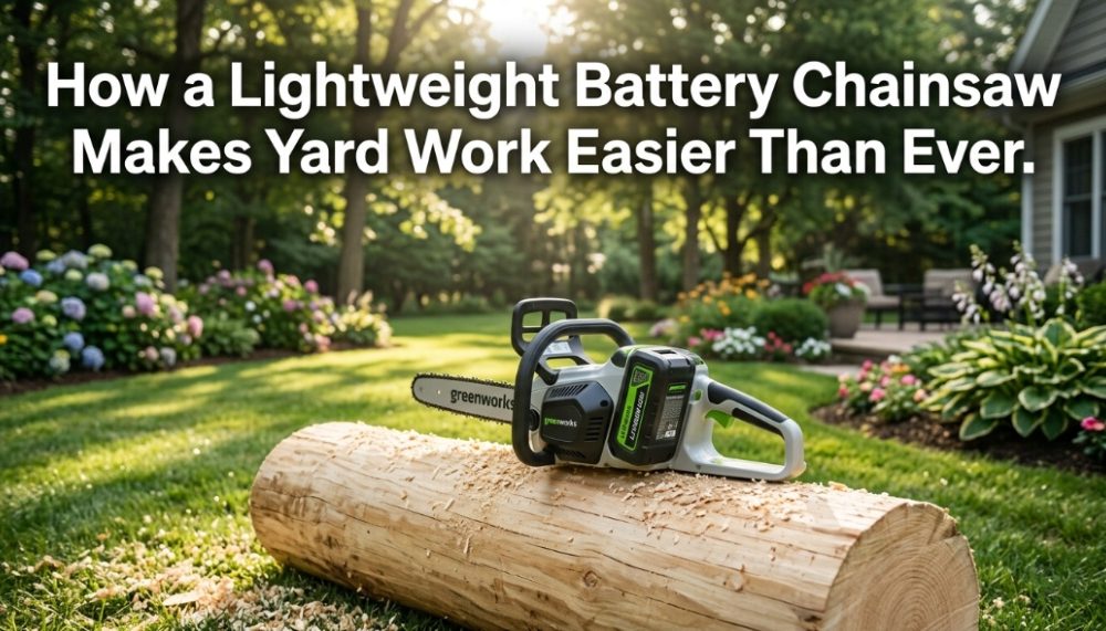 A modern cordless chainsaw resting on a log in a sunny backyard with article title text overlay.