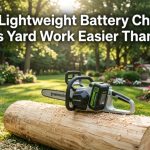 A modern cordless chainsaw resting on a log in a sunny backyard with article title text overlay.