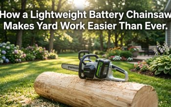 A modern cordless chainsaw resting on a log in a sunny backyard with article title text overlay.