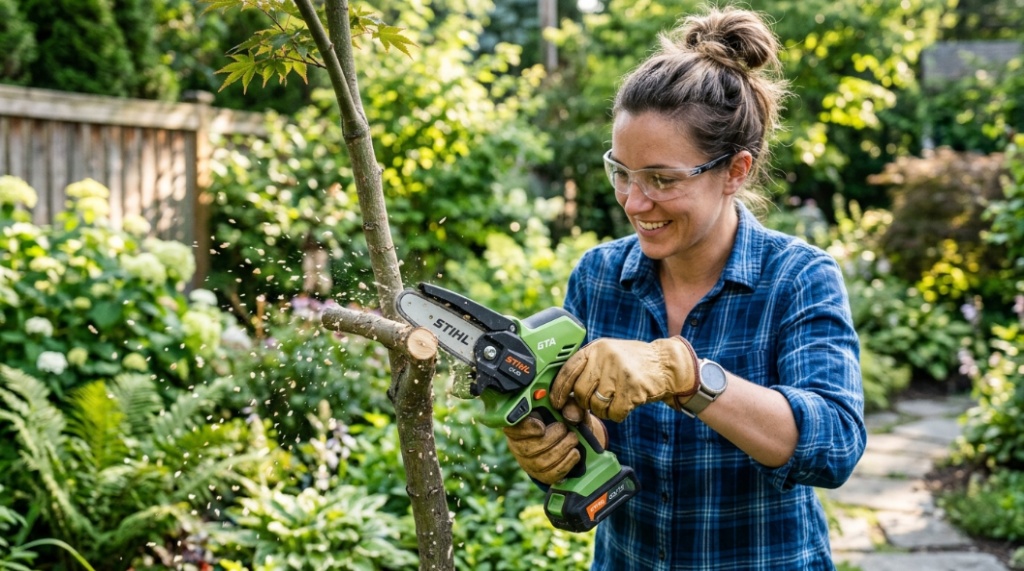 A gardener using a lightweight battery chainsaw to trim a small tree branch in a backyard.