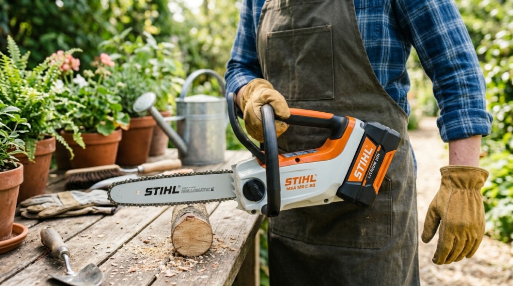 A modern cordless chainsaw resting on a log in a sunny backyard with article title text overlay.