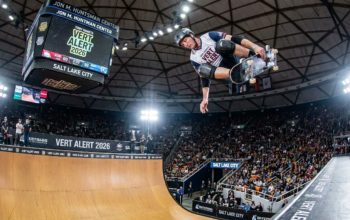 Tony Hawk's Vert Alert 2026 skater launching high above the vert ramp at Jon M. Huntsman Center in Salt Lake City